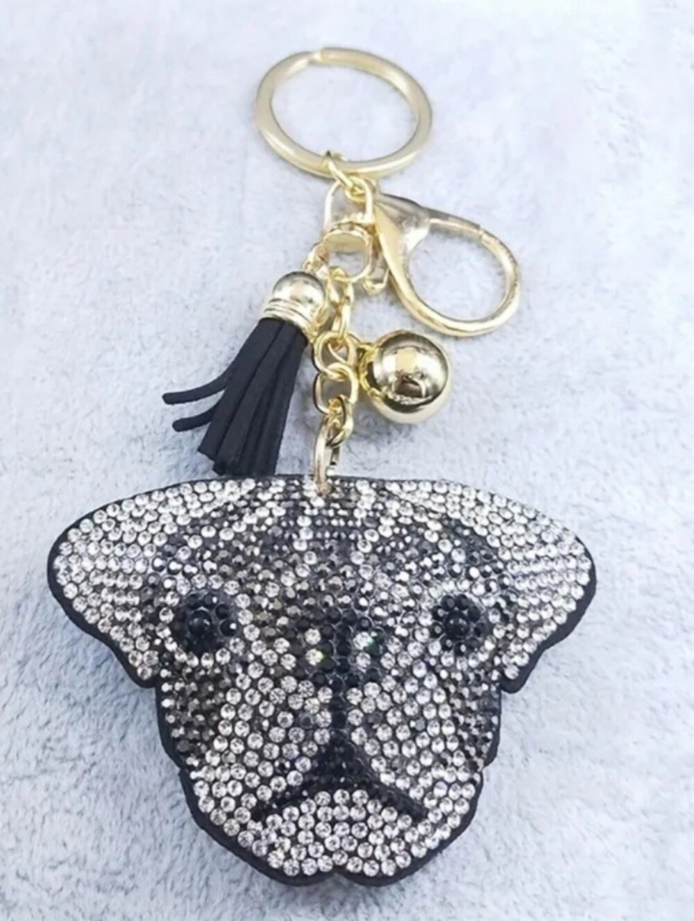 Bling Dog Crystal Rhinestone Keychain Bag Charm With Black Tassel, Pug - Picture 3 of 5